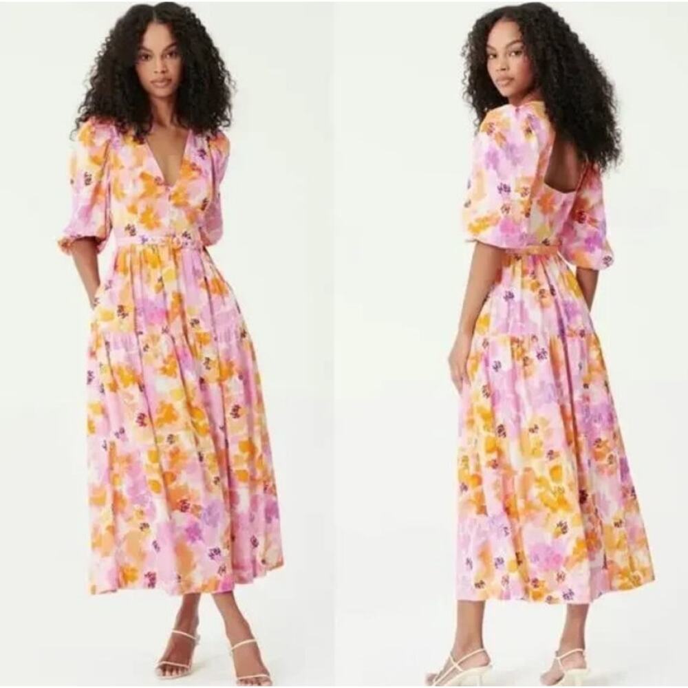 NICHOLAS Women's 8 Watercolor Celie Bassett Floral Linen Blend Resort Maxi Dress - Picture 2 of 14